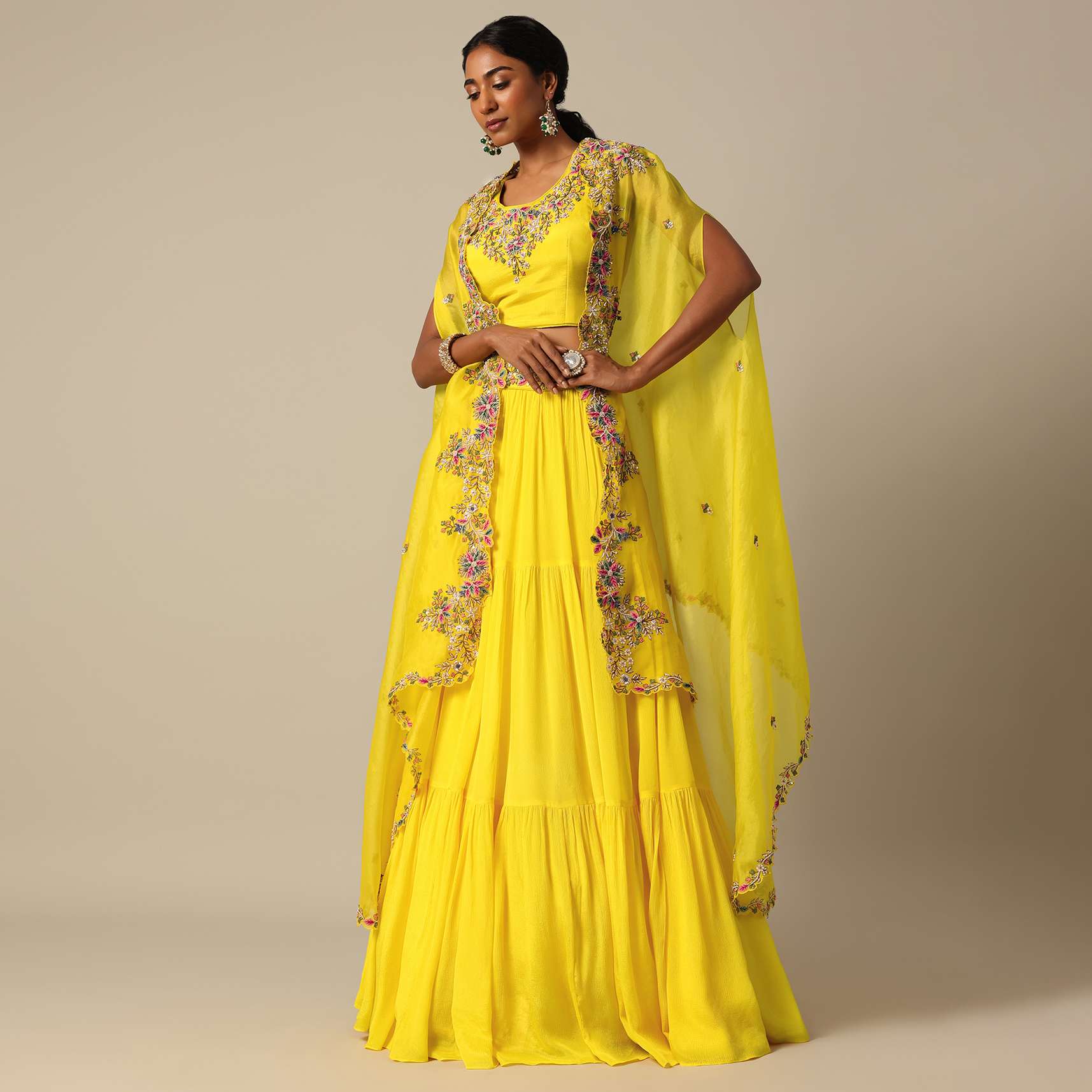 Yellow Hand Embroidered Long Jacket And Lehenga Set - Image 7