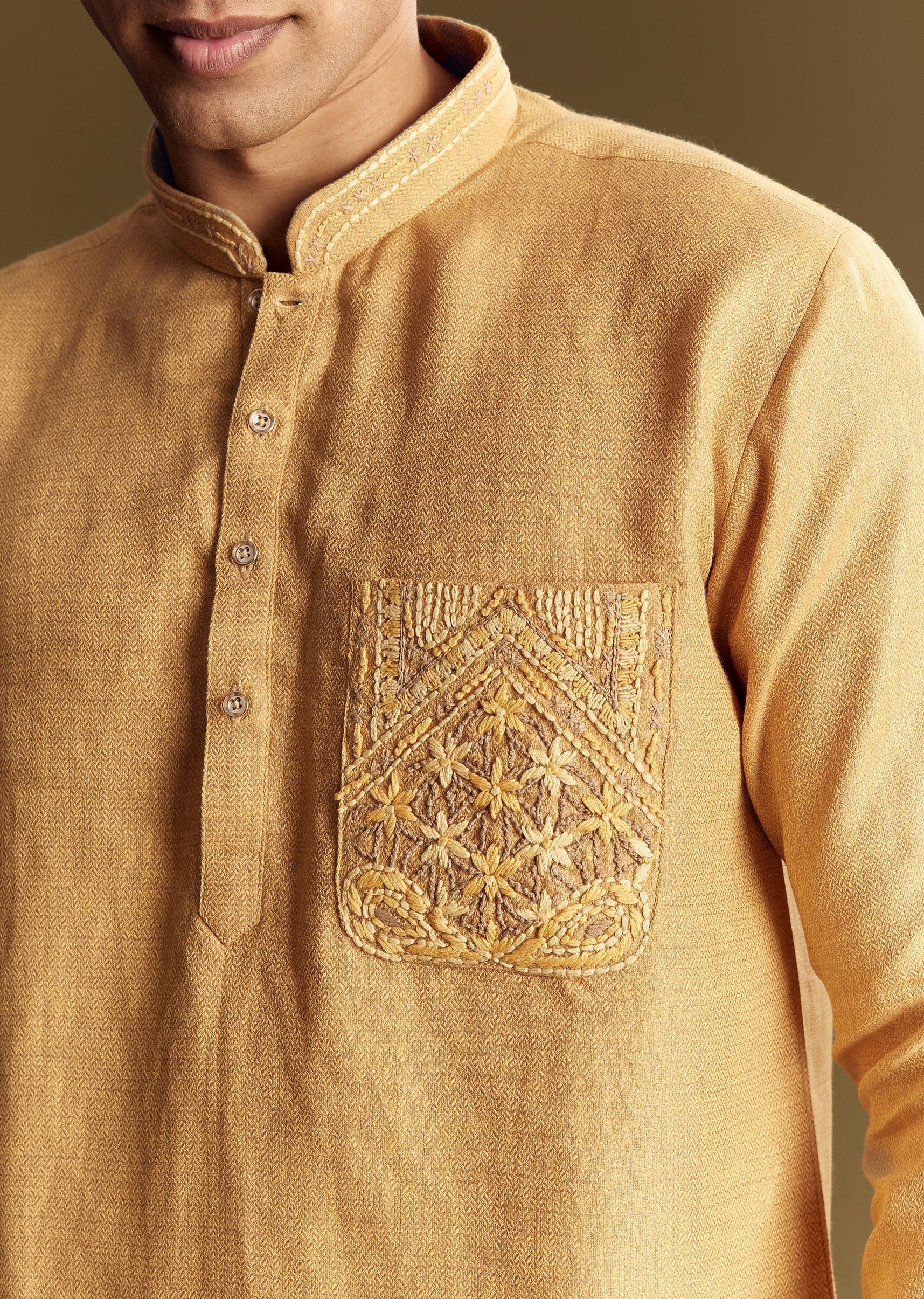 Yellow Linen Kurta Set With Embroidered Thread