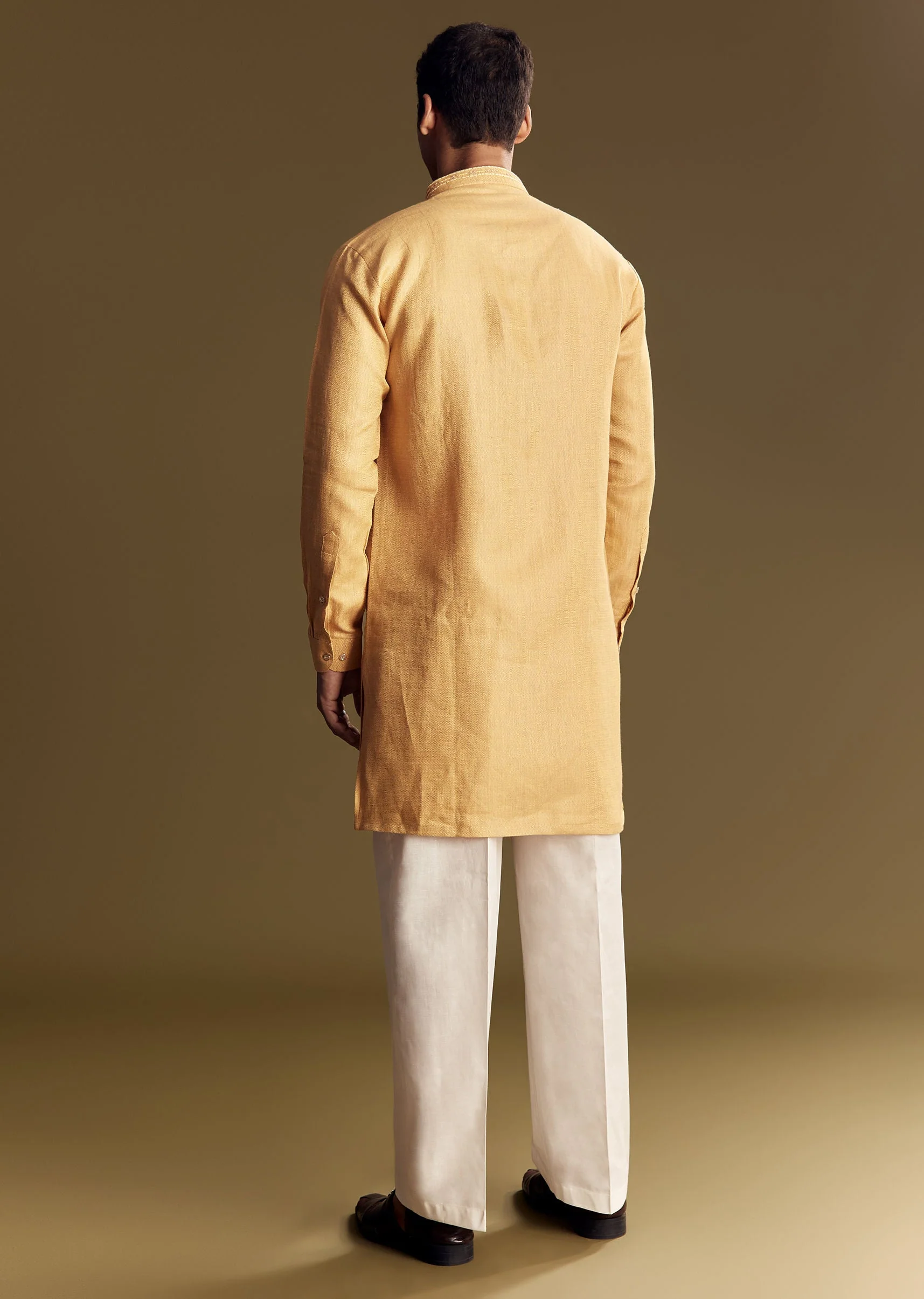Yellow Linen Kurta Set With Embroidered Thread - Image 5