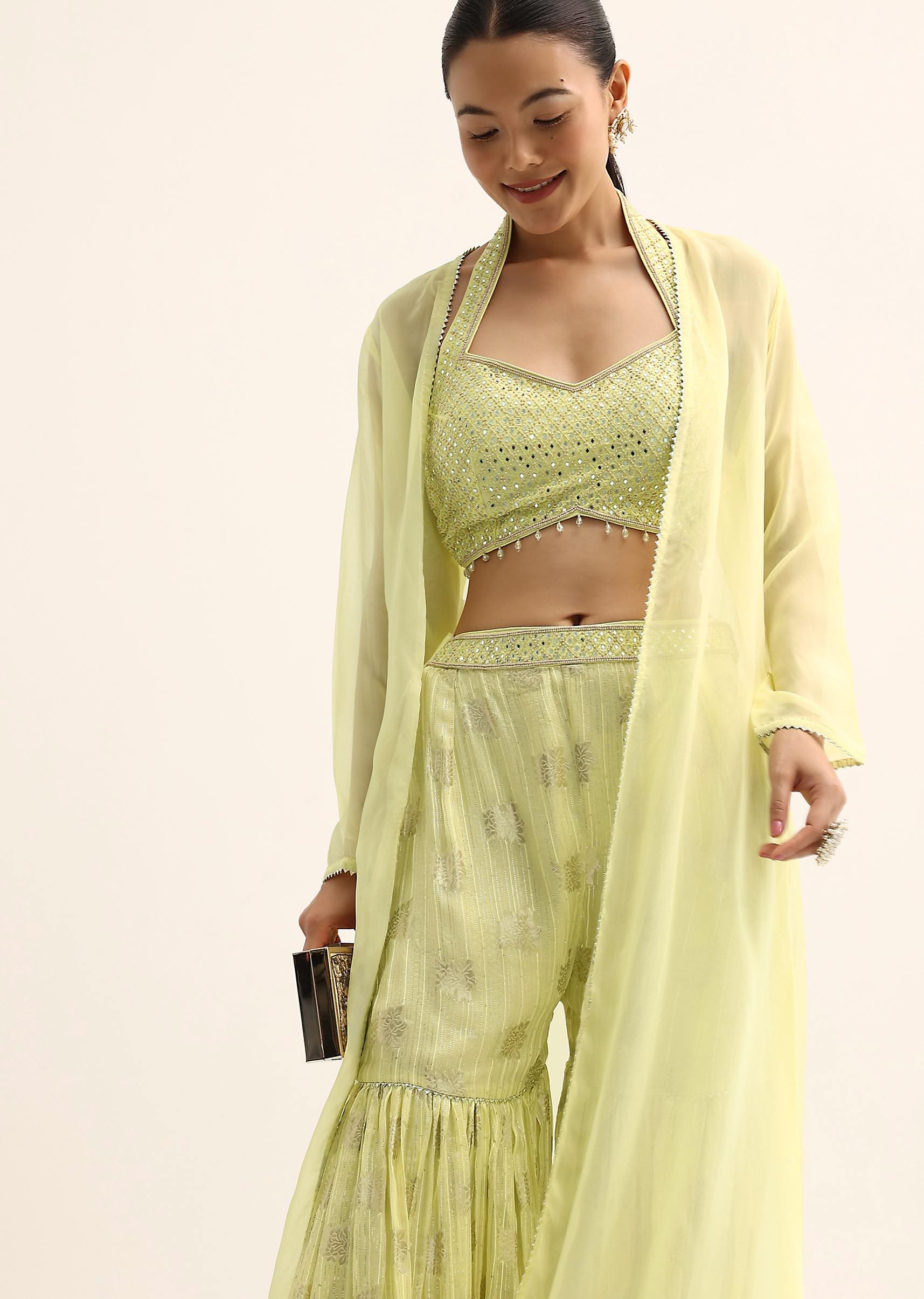 Yellow Mirror Crop Top With Jacket And Sharara - Image 4