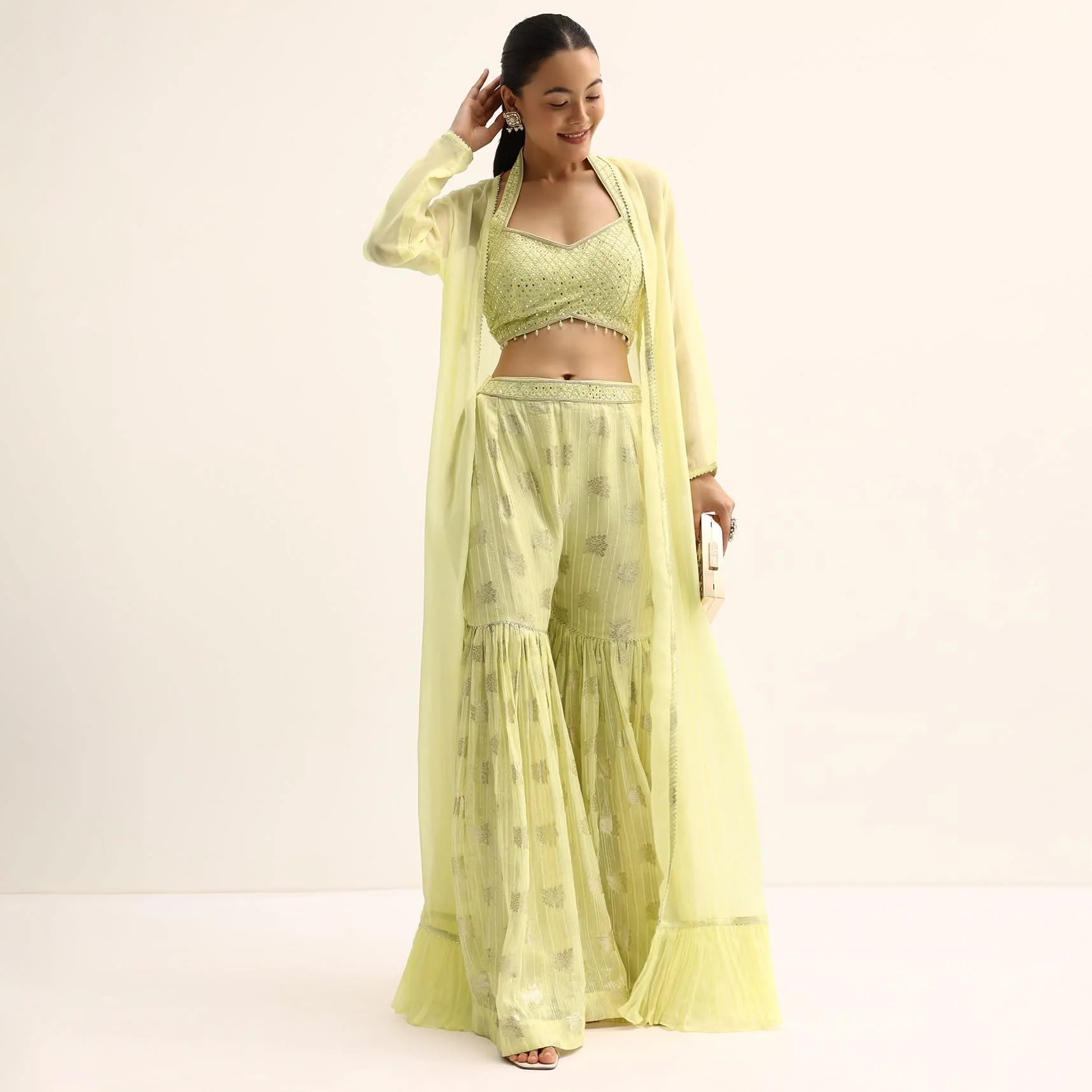 Yellow Mirror Crop Top With Jacket And Sharara - Image 6