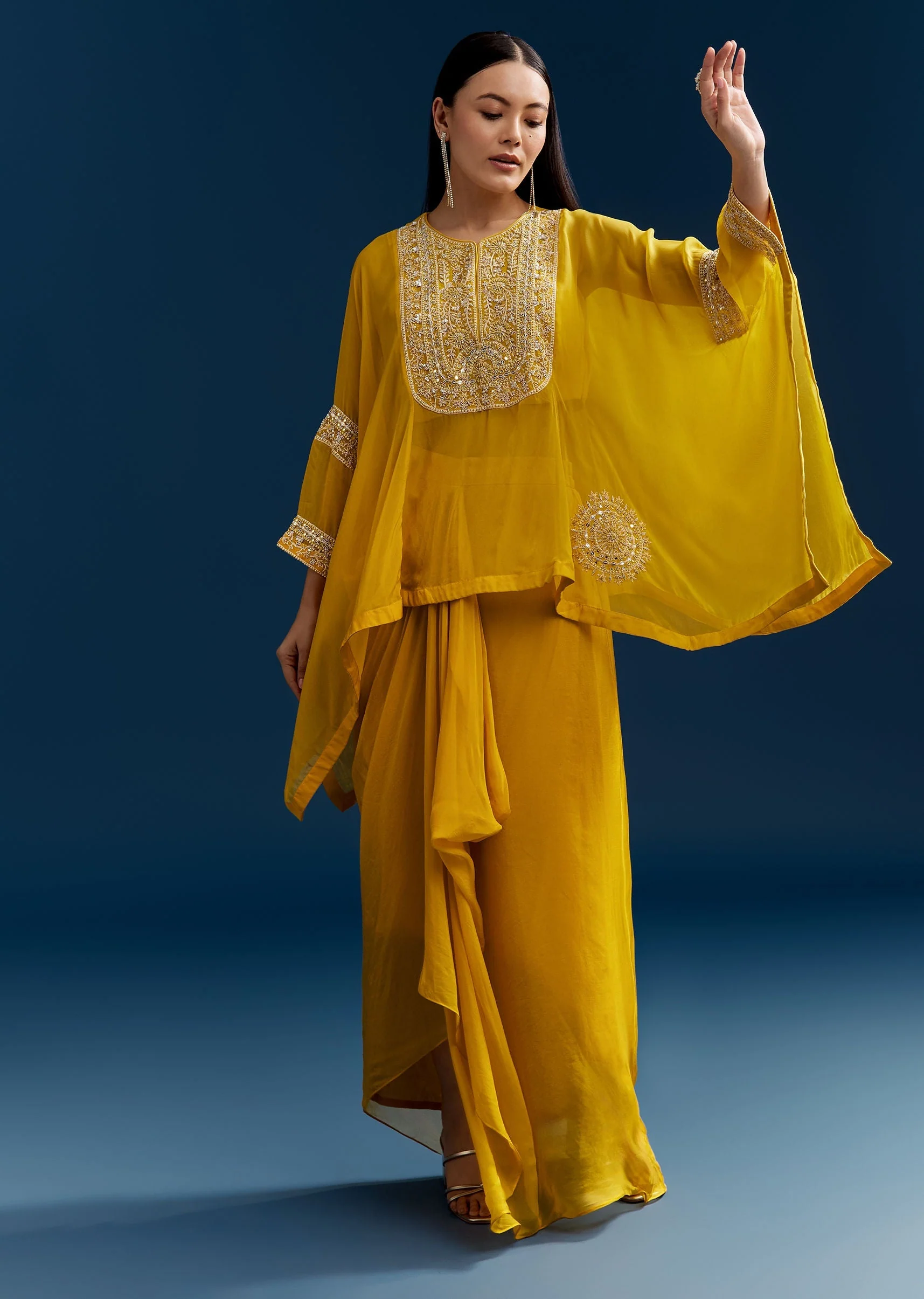 Yellow Organza Crop Top With Asymmetric Design - Image 3