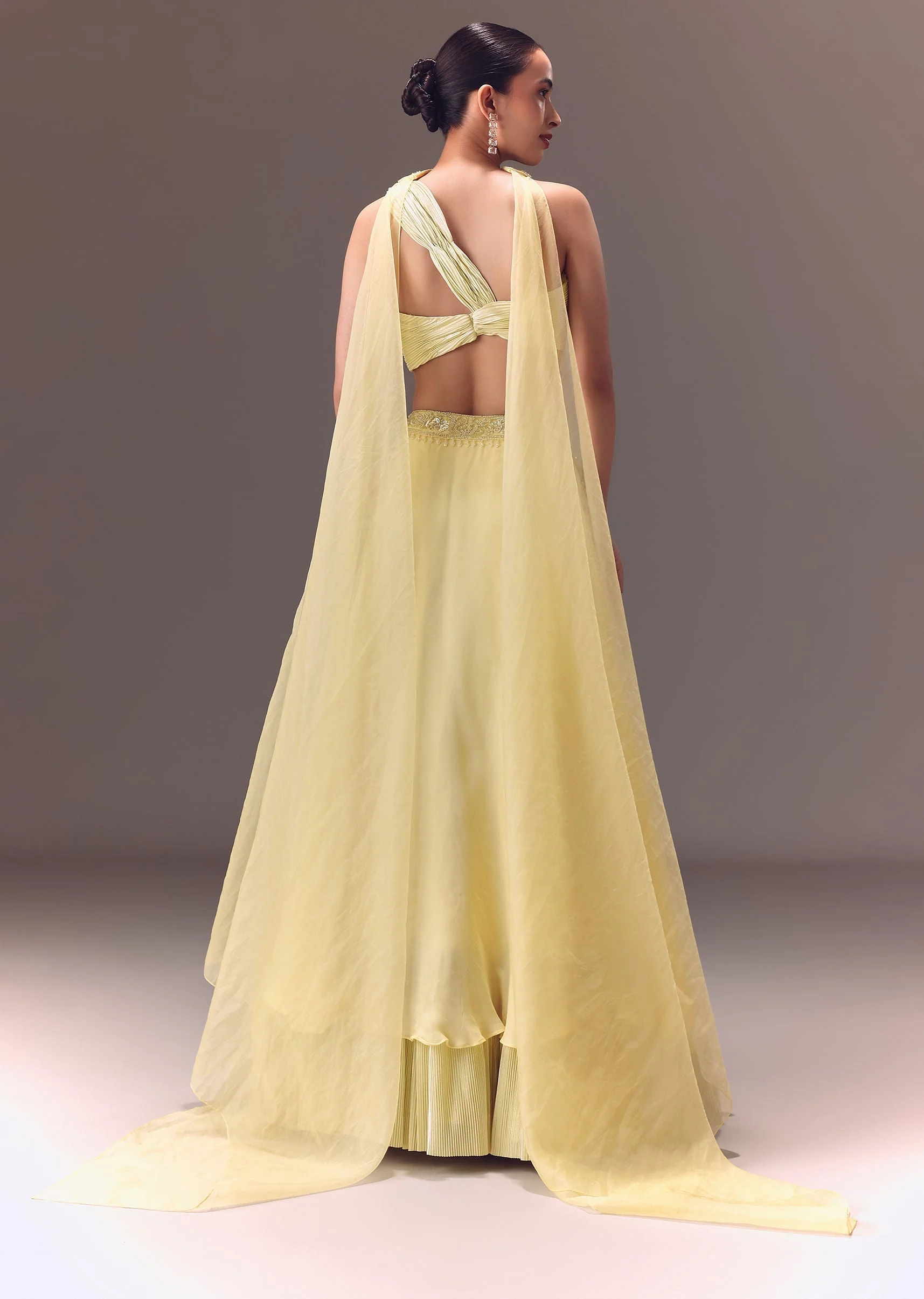 Yellow Pre-Pleated One Shoulder Blouse With Frill Lehenga And Choker Dupatta - Image 5