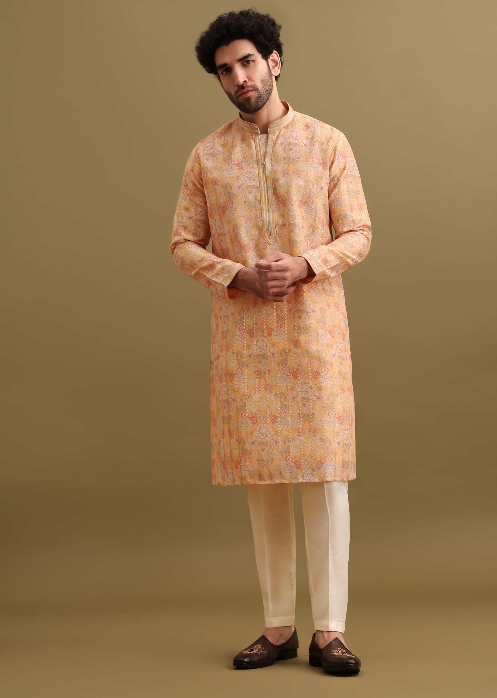 Yellow Printed Silk Zipper Kurta Set For Men - Image 4