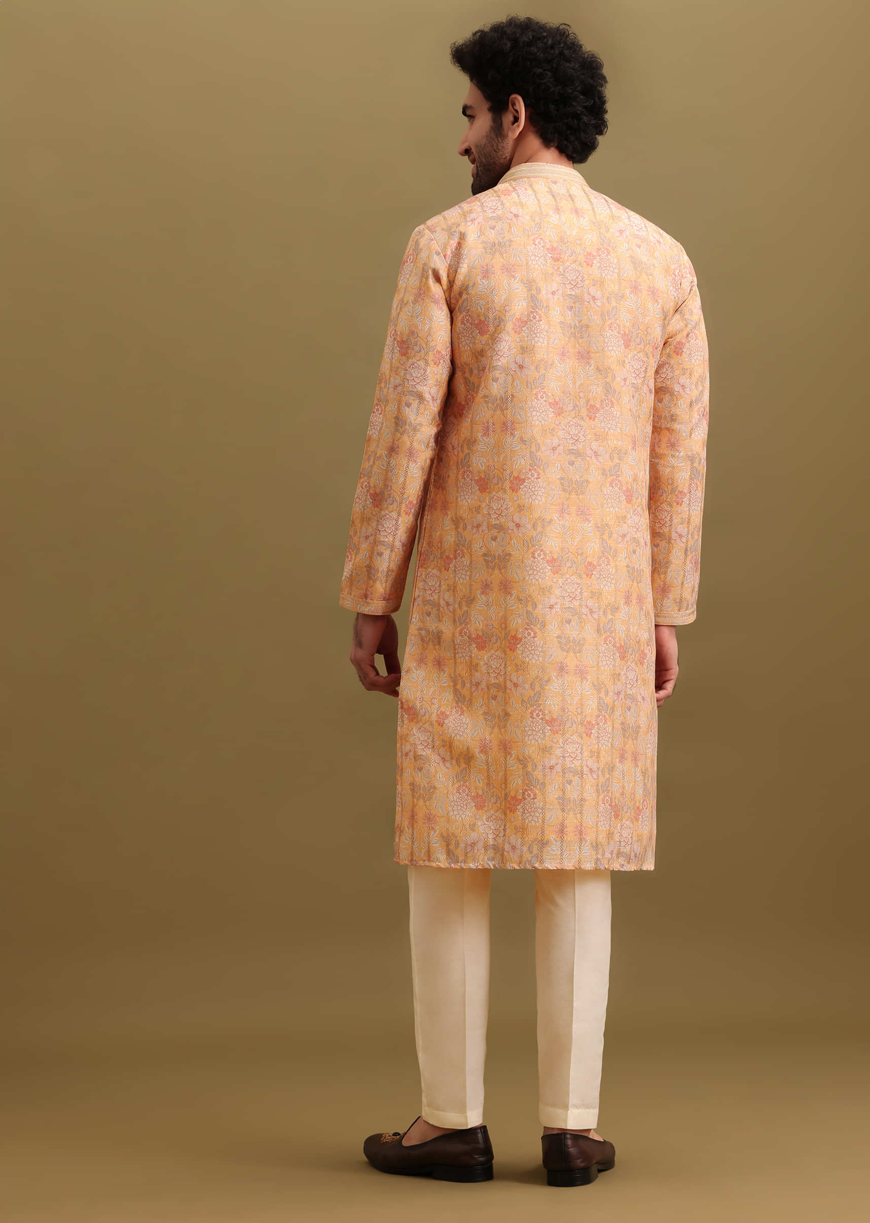 Yellow Printed Silk Zipper Kurta Set For Men - Image 5