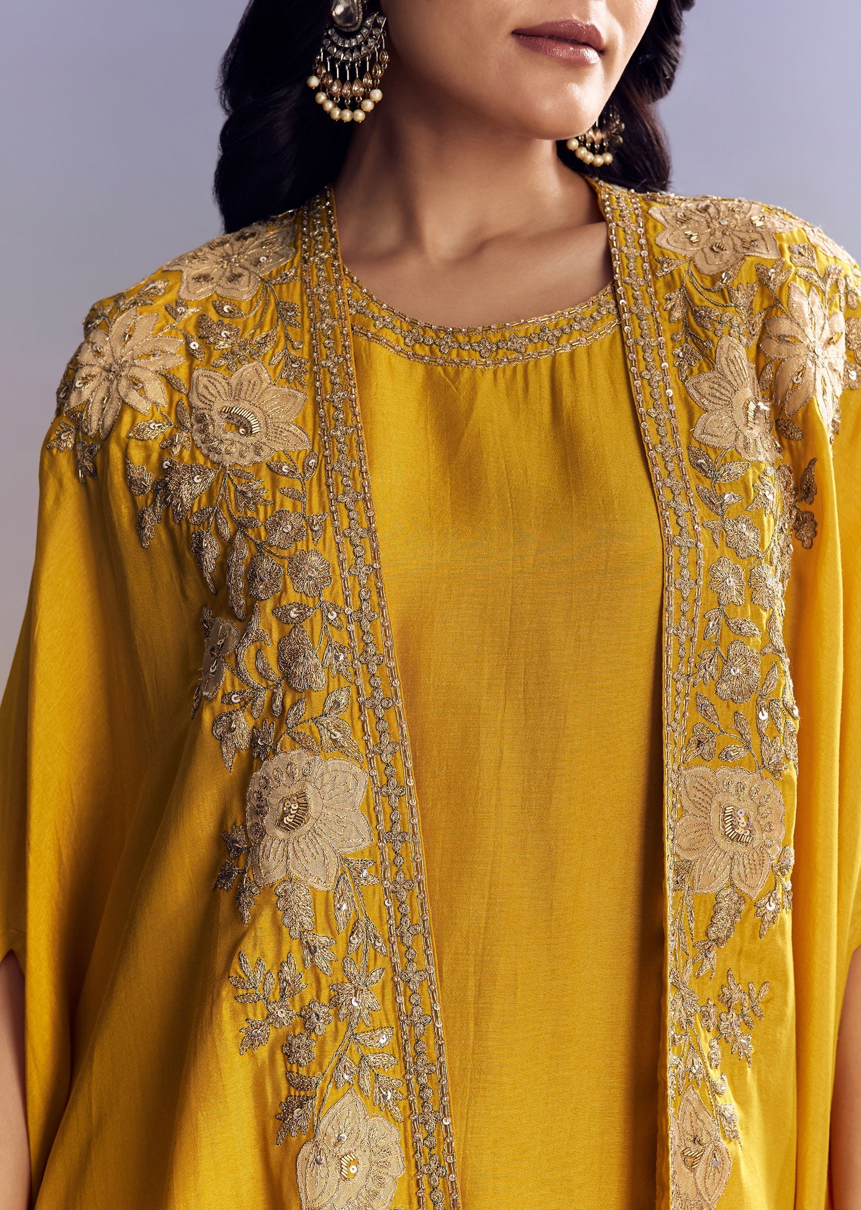 Yellow Sharara Set With Zari Cape - Image 2
