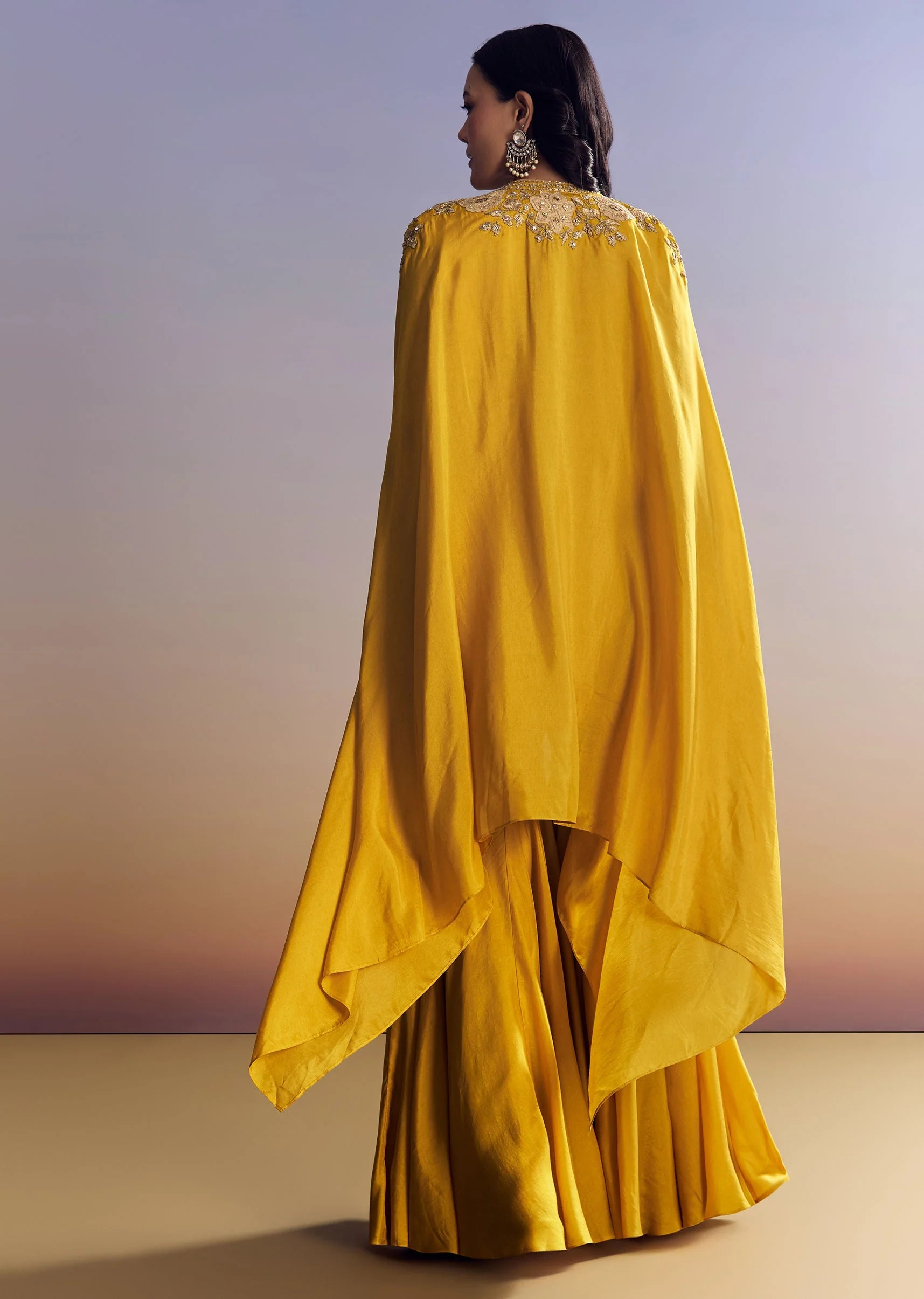 Yellow Sharara Set With Zari Cape - Image 5