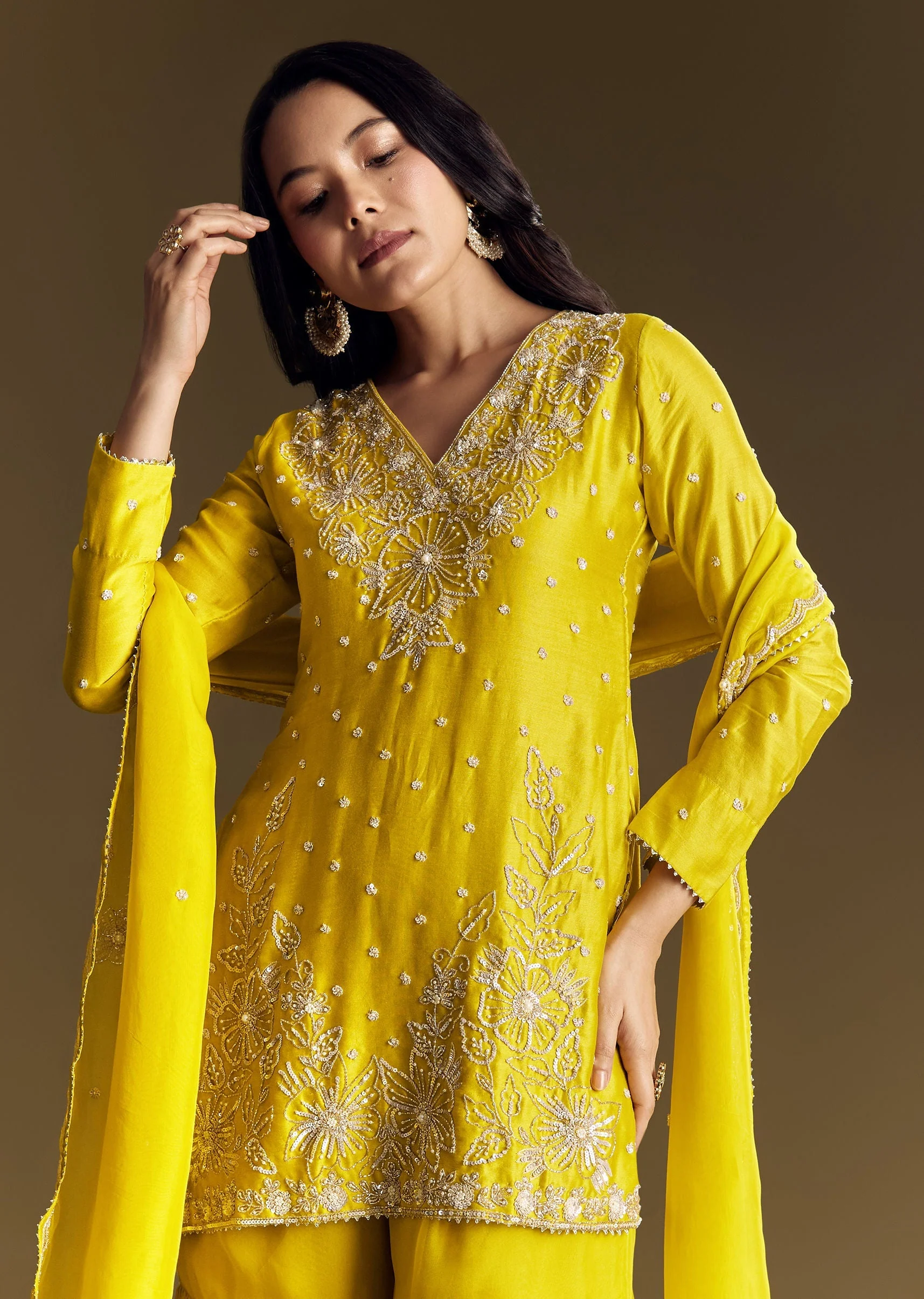 Yellow Sharara Suit With Cut Dana Sequins - Image 2