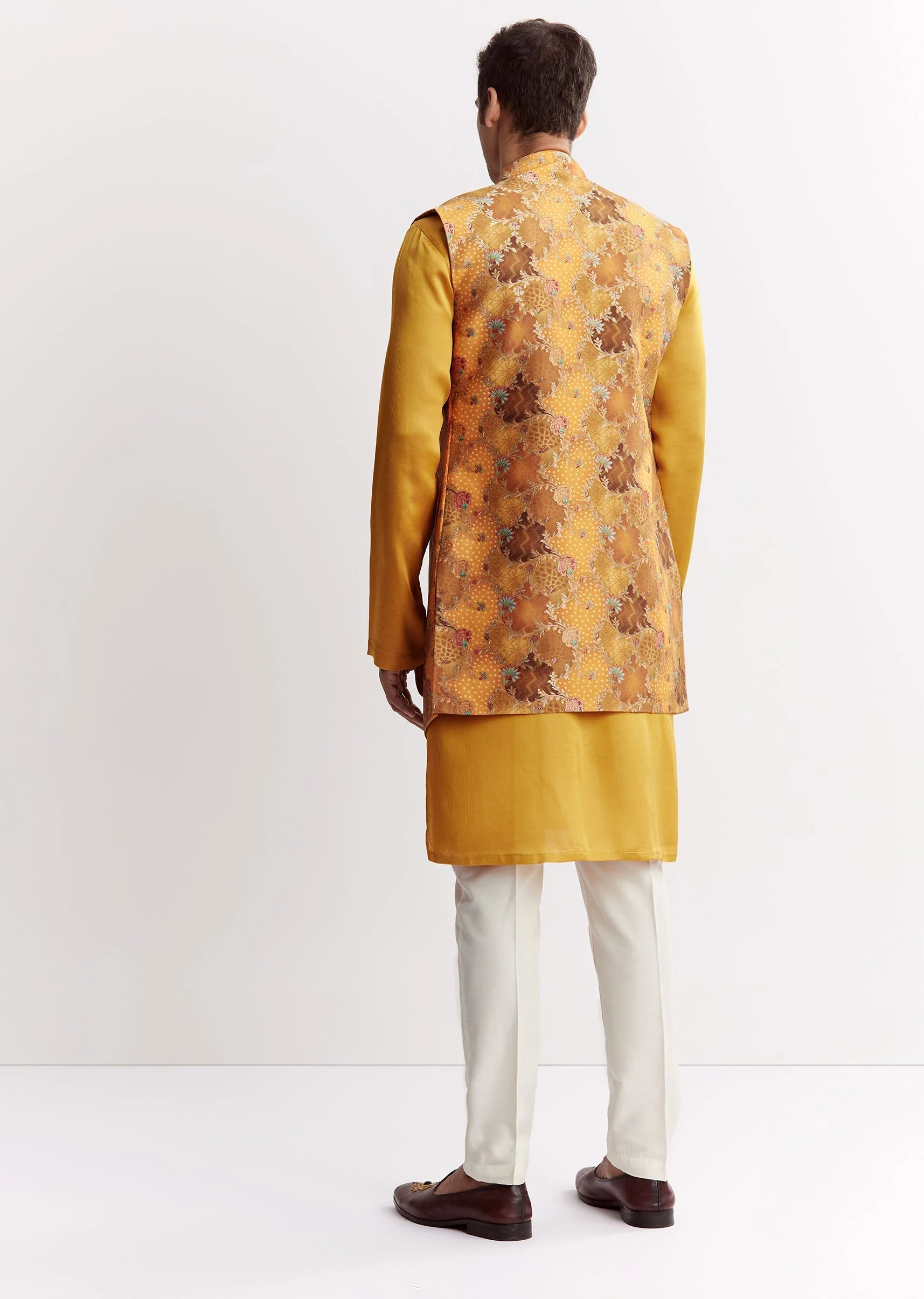 Yellow Silk Jacket Kurta Set With Floral Printed Motifs - Image 5