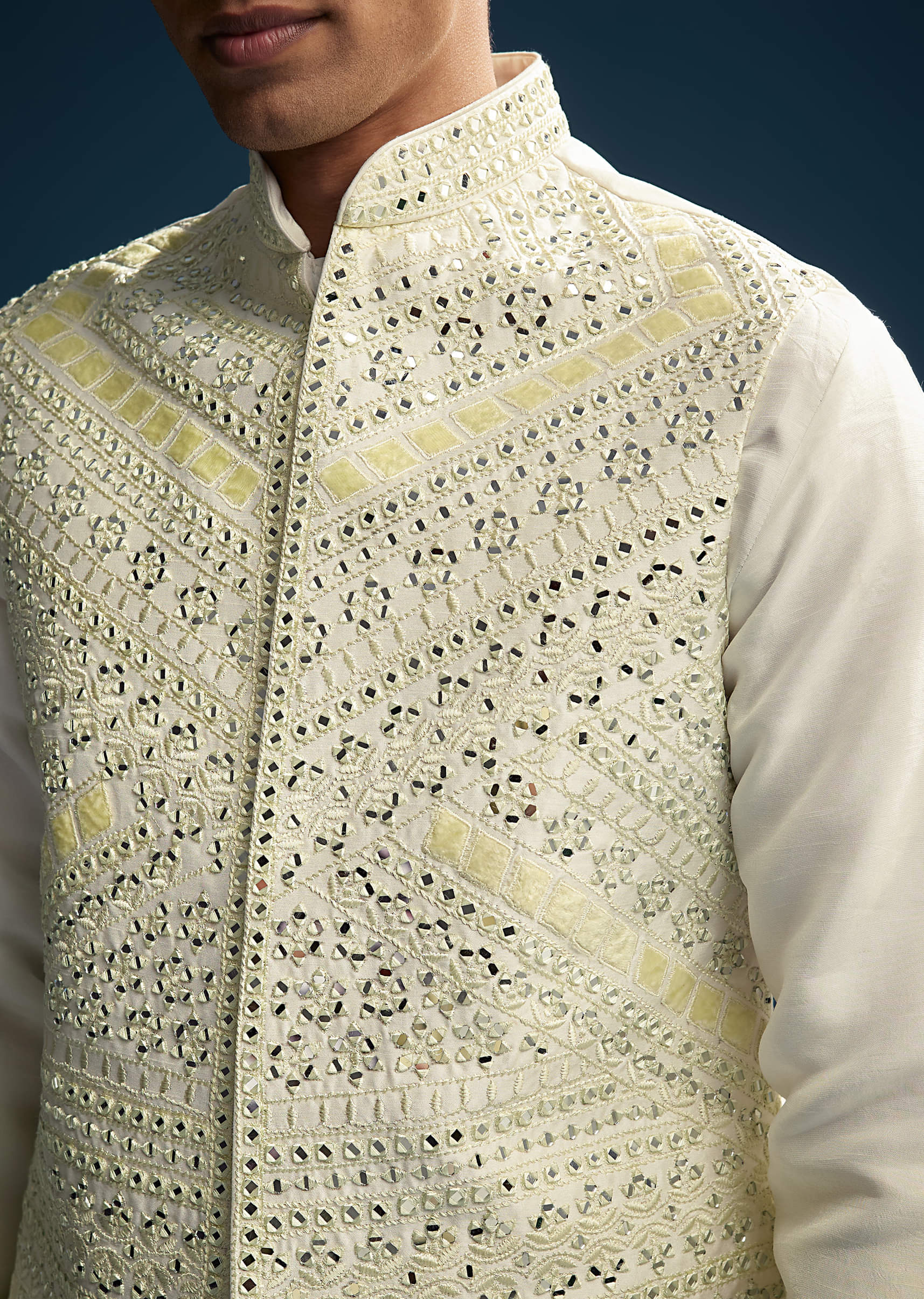 Yellow Silk Kurta Jacket Set For Men With Mirror And Patch Work - Image 2