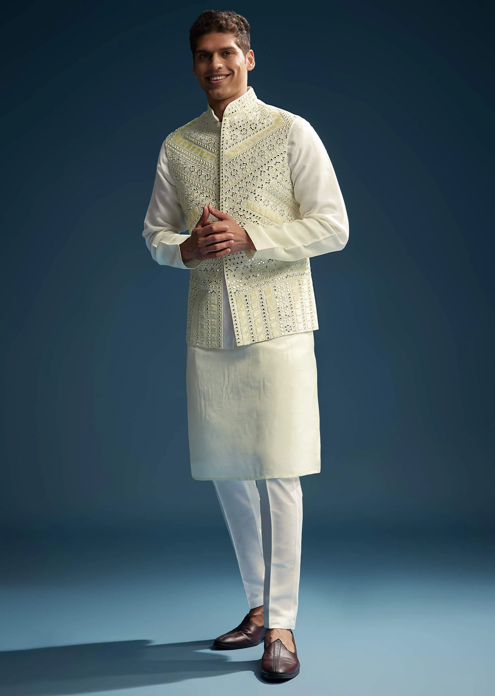 Yellow Silk Kurta Jacket Set For Men With Mirror And Patch Work - Image 4