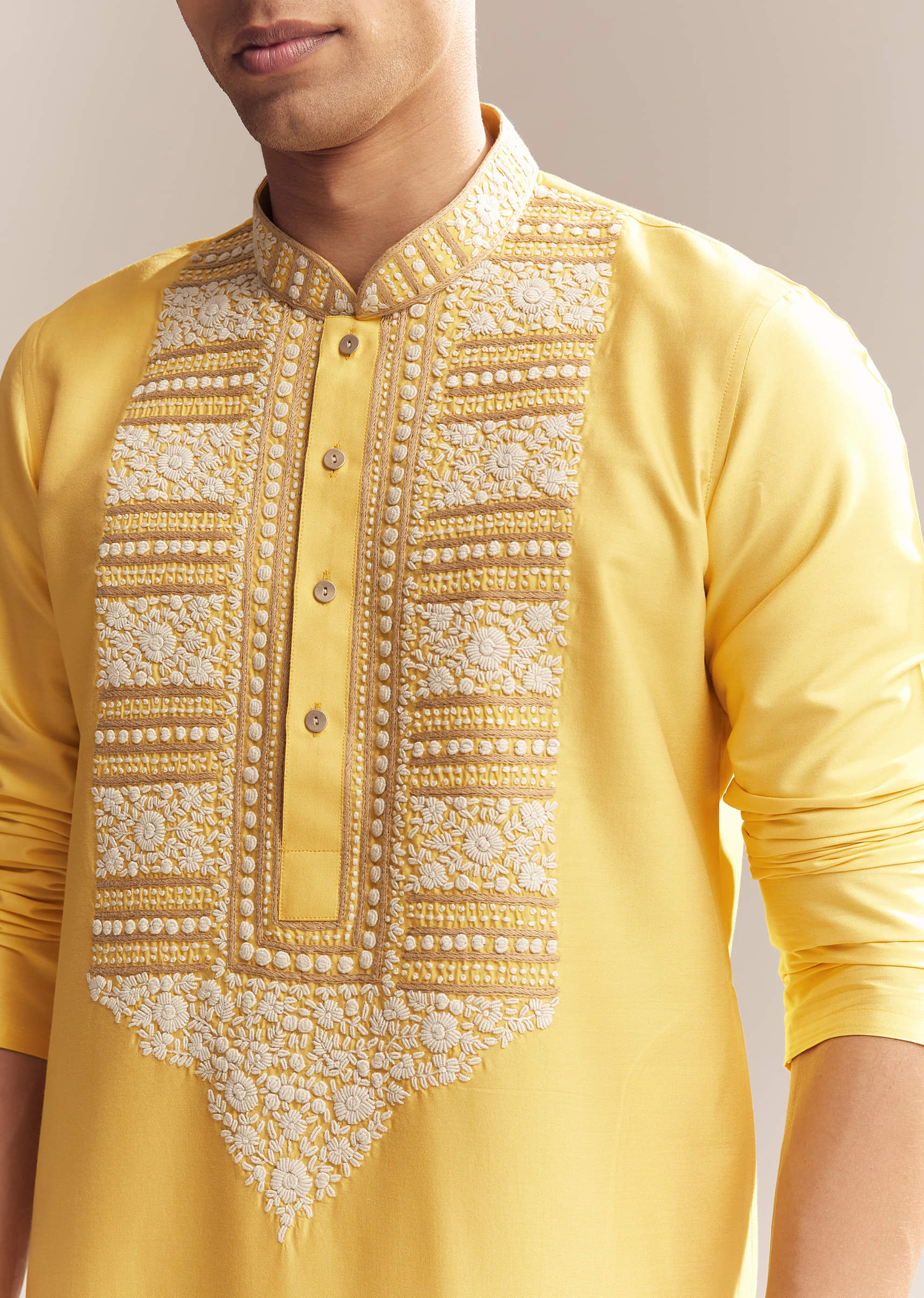 Yellow Silk Kurta Set For Men With Kashmiri Hand Work - Image 2