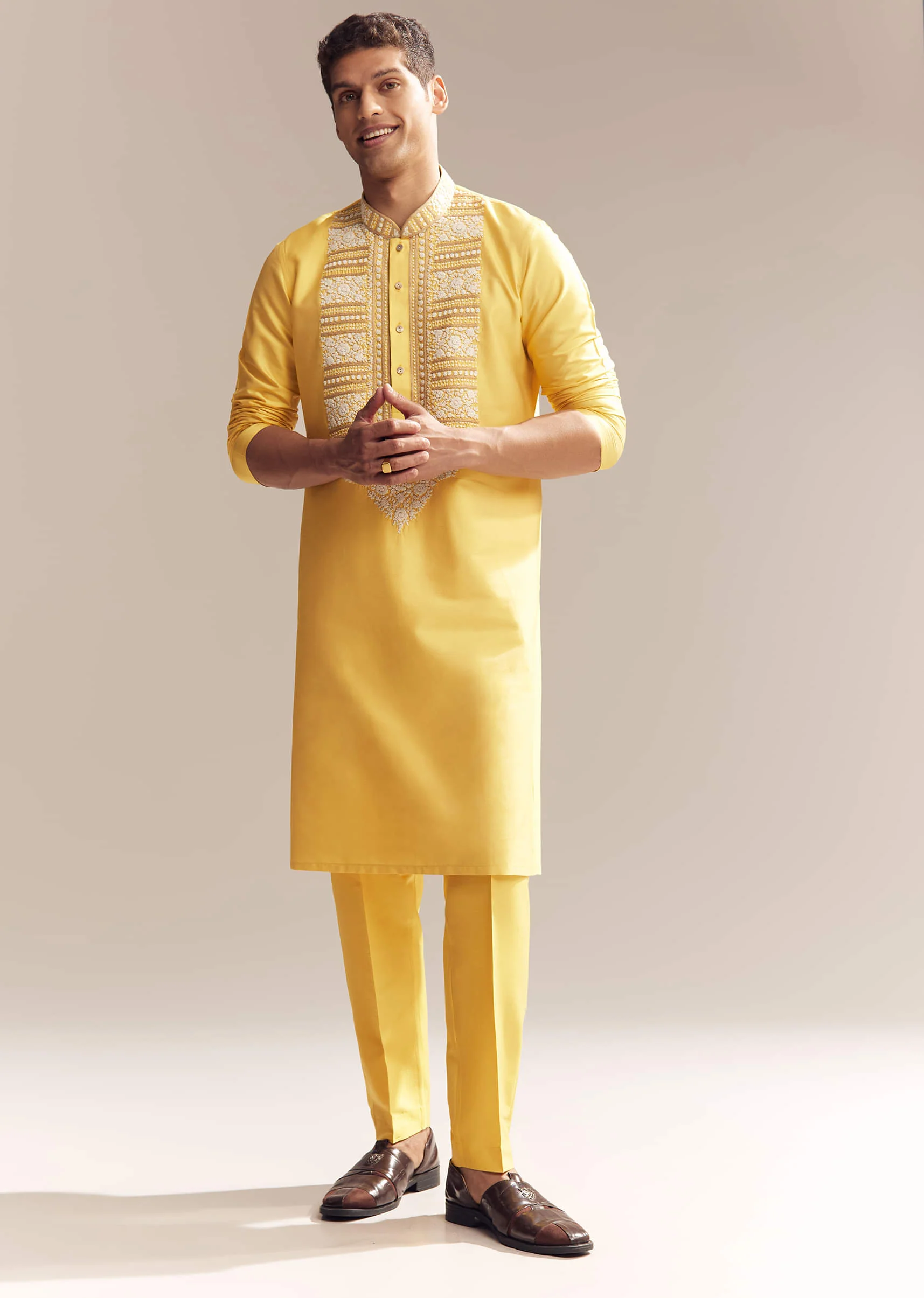 Yellow Silk Kurta Set For Men With Kashmiri Hand Work - Image 3