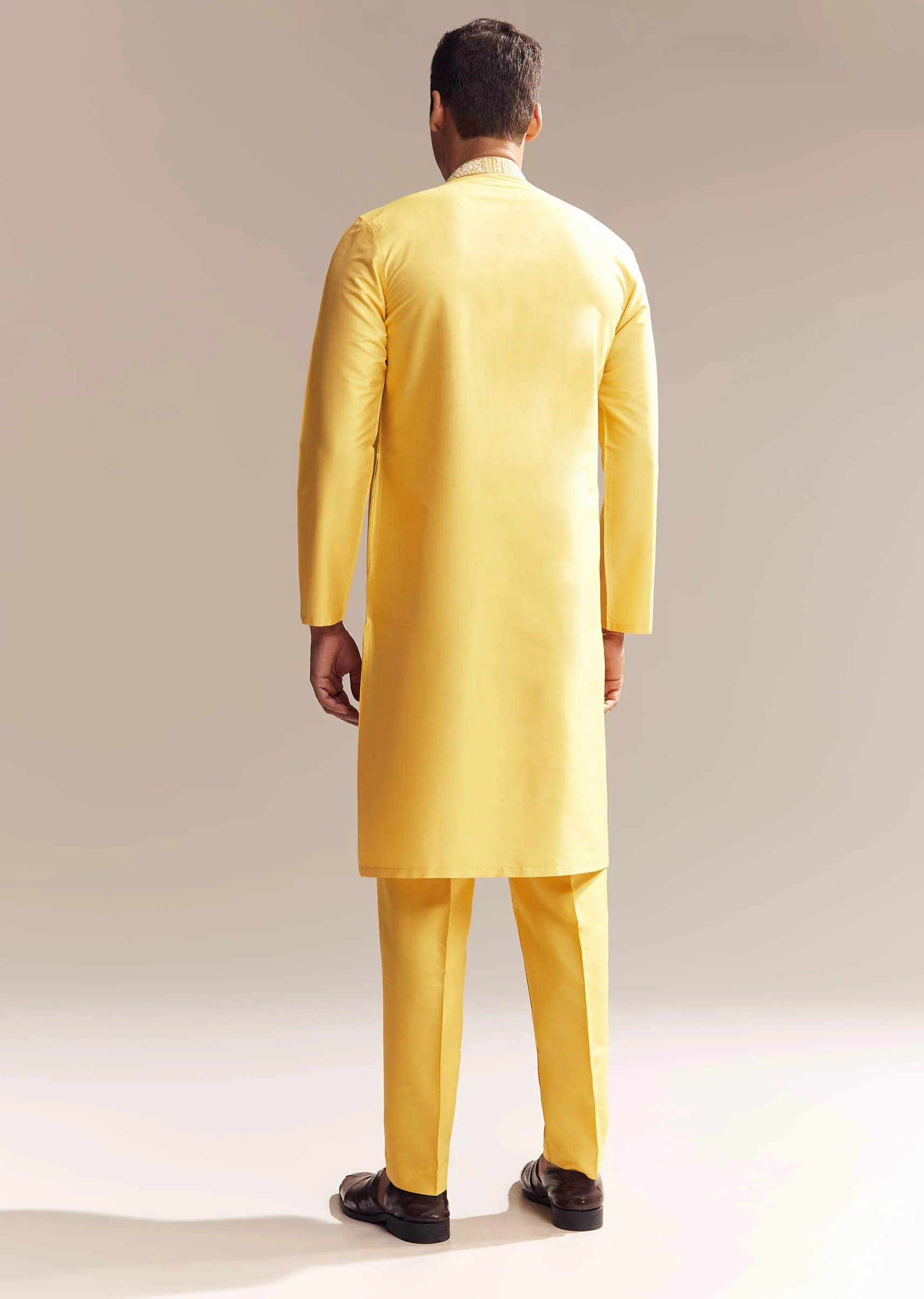 Yellow Silk Kurta Set For Men With Kashmiri Hand Work - Image 5