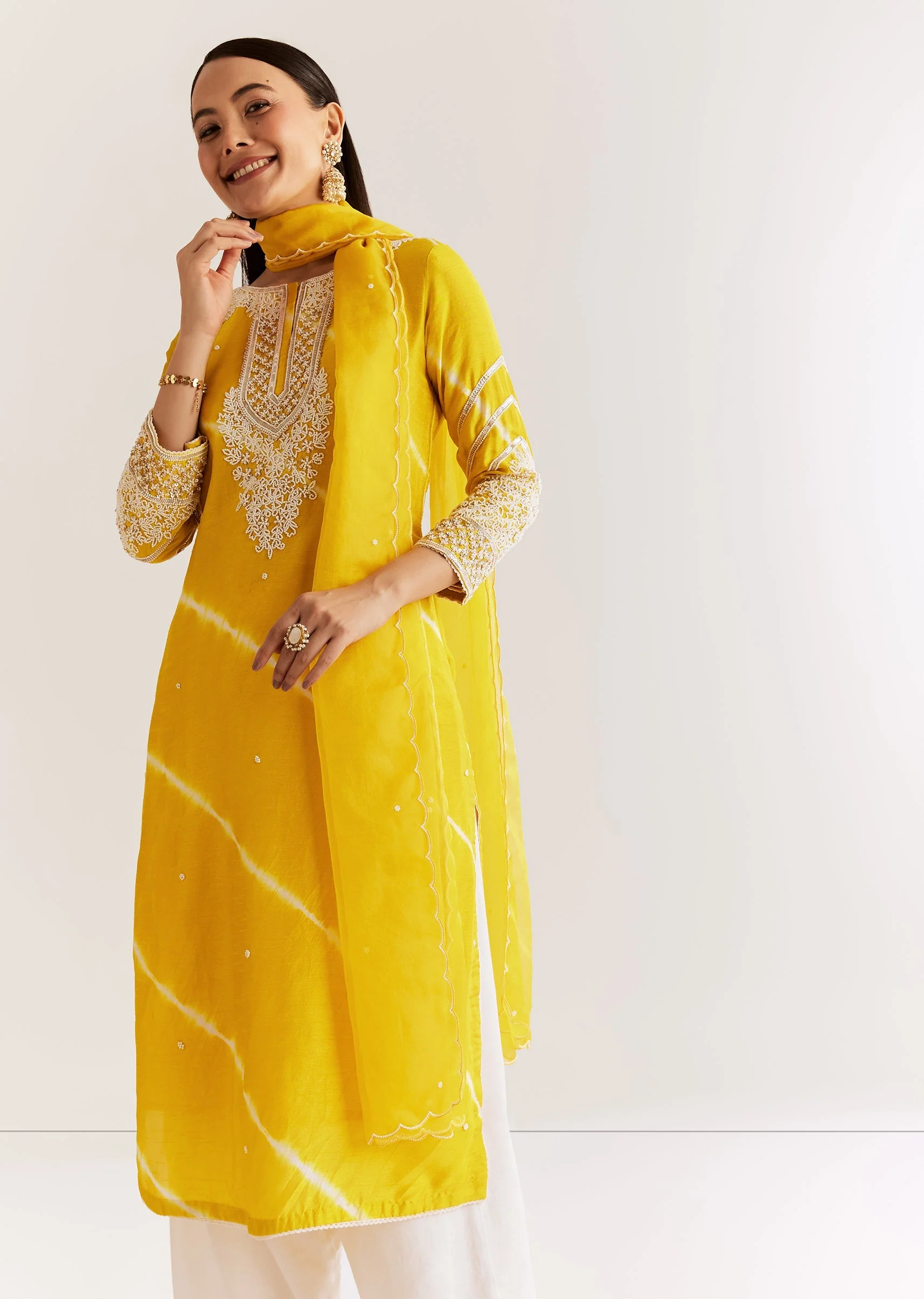 Yellow Silk Leheriya Kurta Set With Moti Work - Image 3