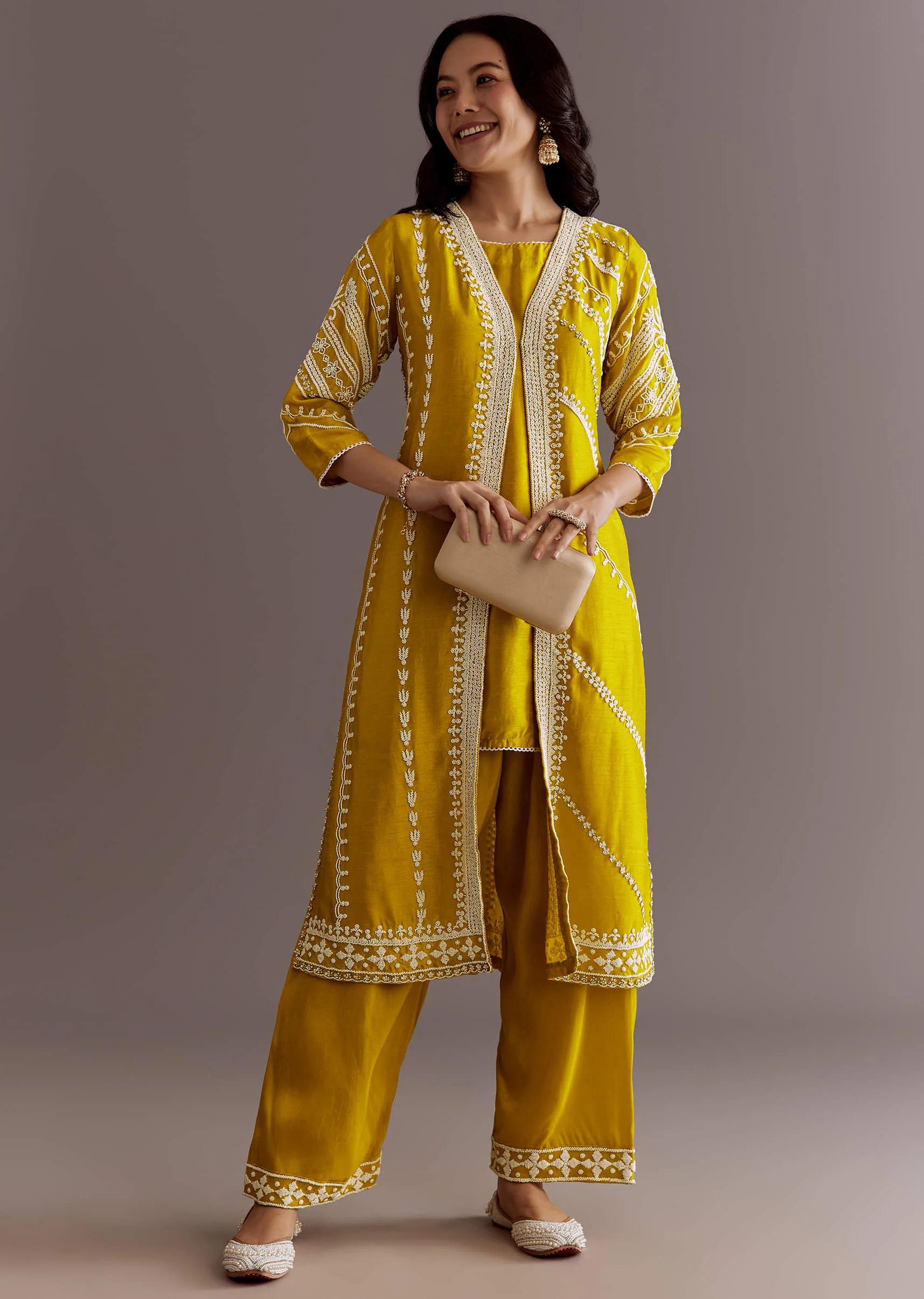 Yellow Silk Moti Sequin Embroidered Jacket Suit - Image 2