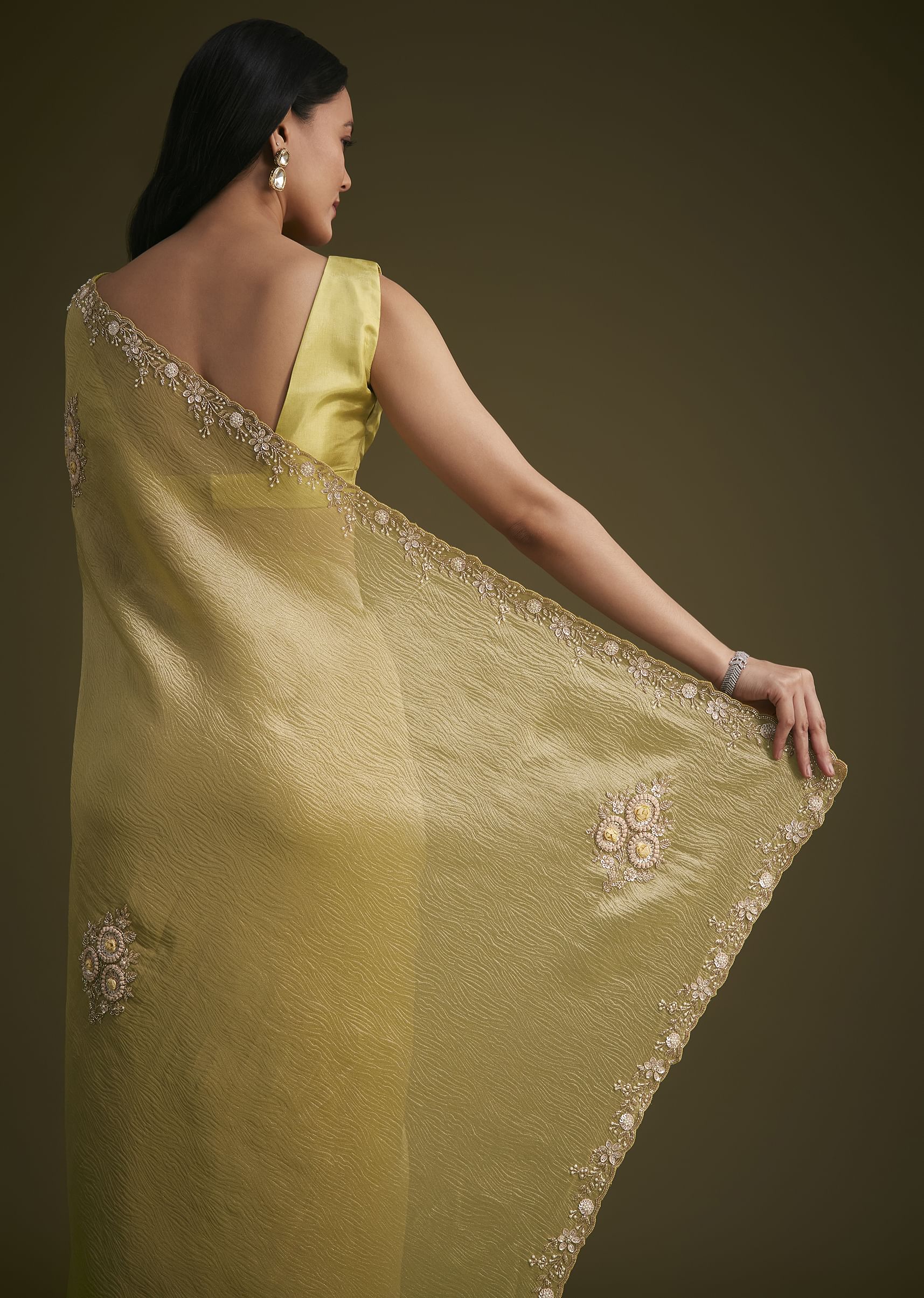 Yellow Tissue Saree With Floral Embroidery - Image 6