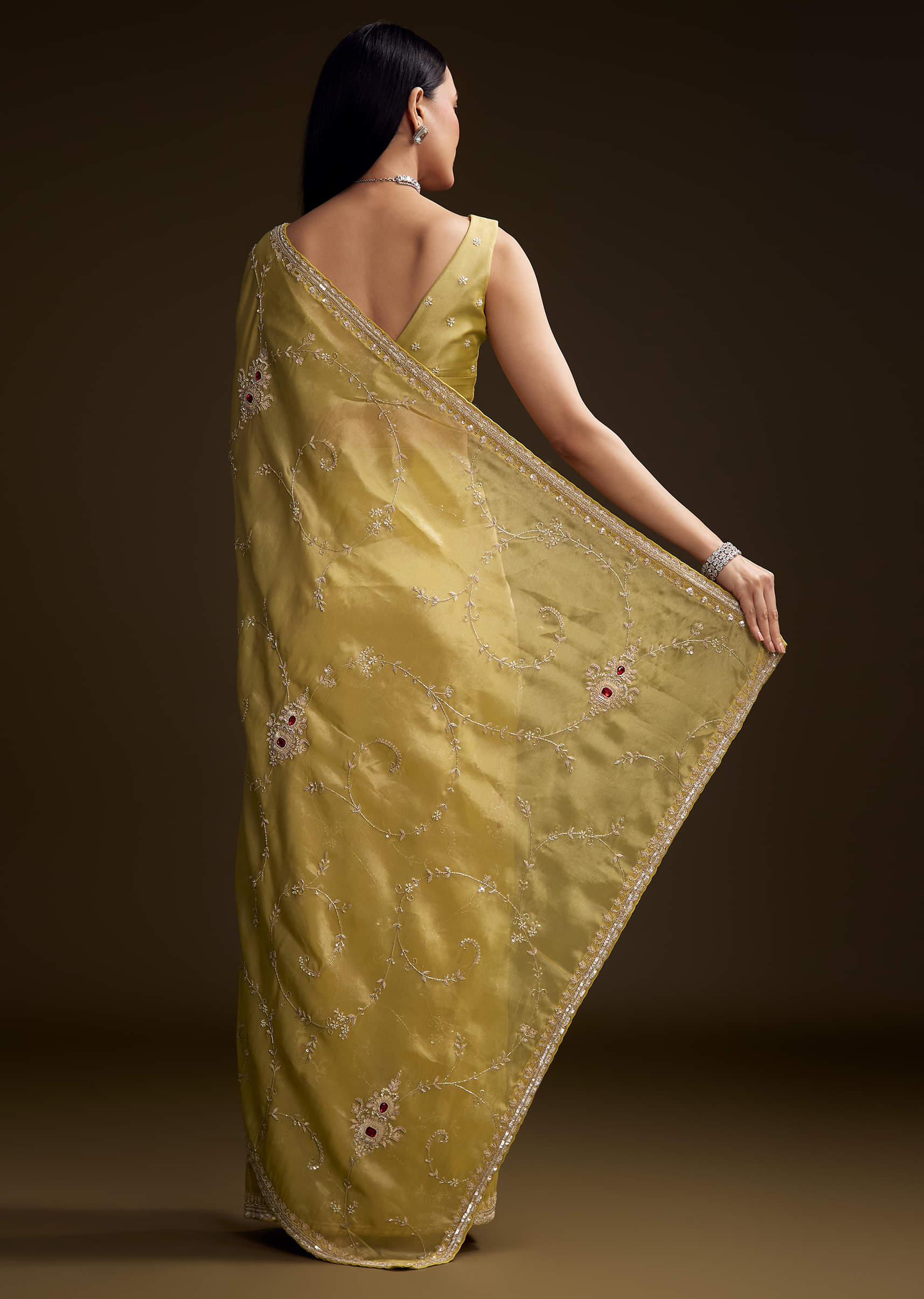 Yellow Tissue Saree With Zardosi And Red Stone Embroidery - Image 3