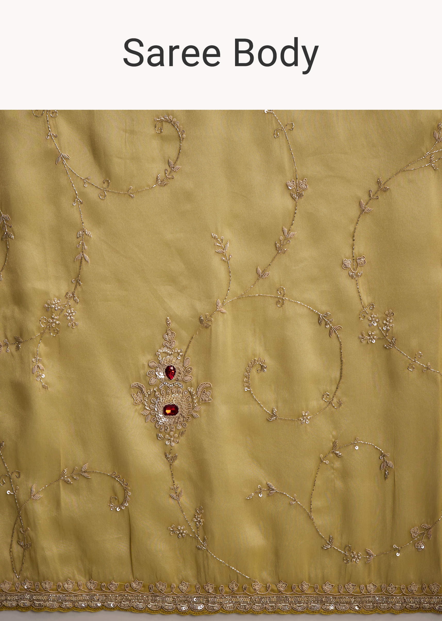Yellow Tissue Saree With Zardosi And Red Stone Embroidery - Image 8